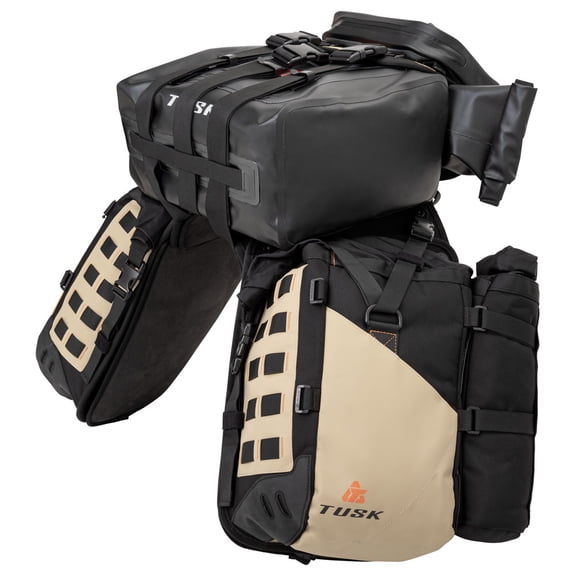 Tusk Highland X2 Rackless Luggage System w/Small Dry Duffel/Large Bottle Holders Standard Heat Shield Black/Tan For Honda CRF300L Rally 2021-2024