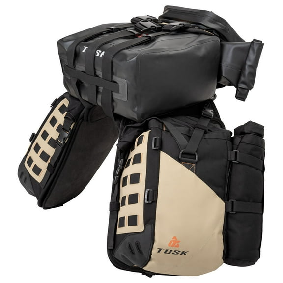 Tusk Highland X2 Rackless Luggage System w/Small Dry Duffel/Large Bottle Holders Standard Heat Shield Black/Tan For KTM 790 Adventure R Rally 2020