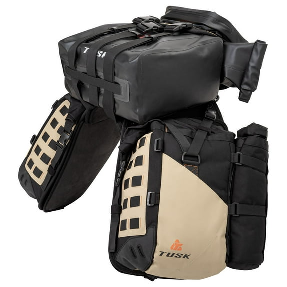 Tusk Highland X2 Rackless Luggage System w/Small Dry Duffel/Large Bottle Holders Standard Heat Shield Black/Tan For KTM 990 Adventure Baja 2013