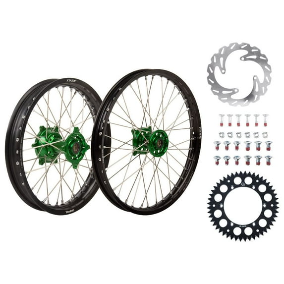 Tusk Impact Complete Front/Rear Wheel Package 1.60 x 21 / 2.15 x 19 Black Rim/Silver Spoke/Green Hub for Kawasaki Kx250F 2015-2018