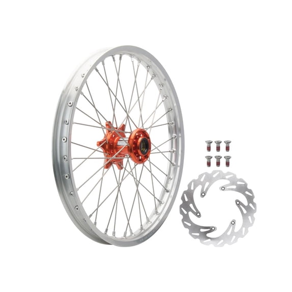Tusk Impact Complete Front Wheel Package 21 x 1.60 Silver Rim/Silver Spoke/Orange Hub for Gasgas Mc 150 2025