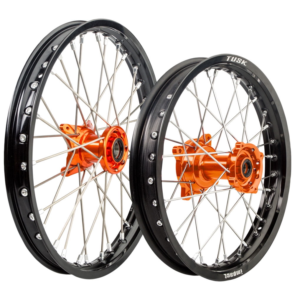 Tusk Impact Complete Front and Rear Wheel 1.40 x 17 / 1.60 x 14 Black Rim/Silver Spoke/Orange Hub For HUSQVARNA TC 85 17/14 2014-2020