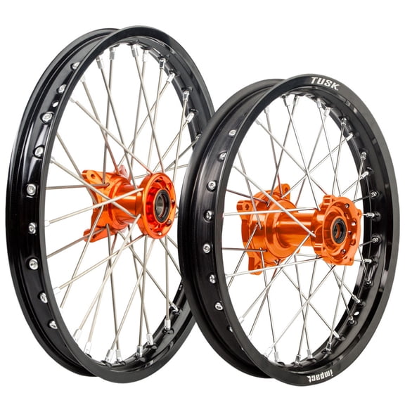 Tusk Impact Complete Front and Rear Wheel 1.60 x 14 / 1.60 x12 Black Rim/Silver Spoke/Orange Hub for KTM 65 SX 2016-2022