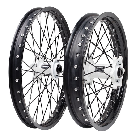 Tusk Impact Complete Front and Rear Wheel 1.60 x 21 / 2.15 x 18 Black Rim/Black Spoke/White Hub