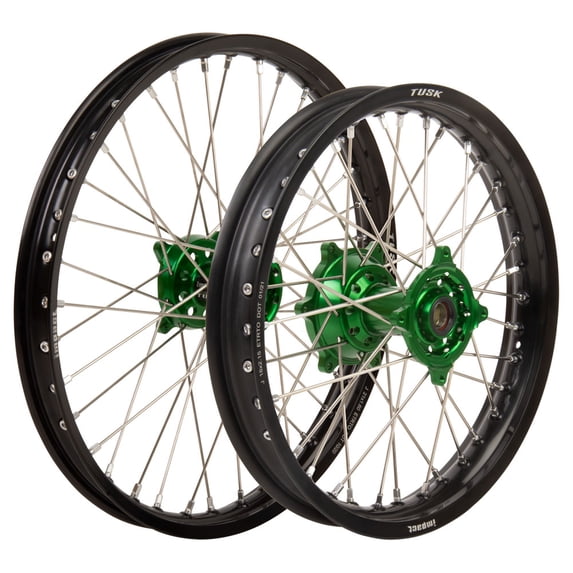 Tusk Impact Complete Front and Rear Wheel 1.60 x 21 / 2.15 x 19 Black Rim/Silver Spoke/Green Hub