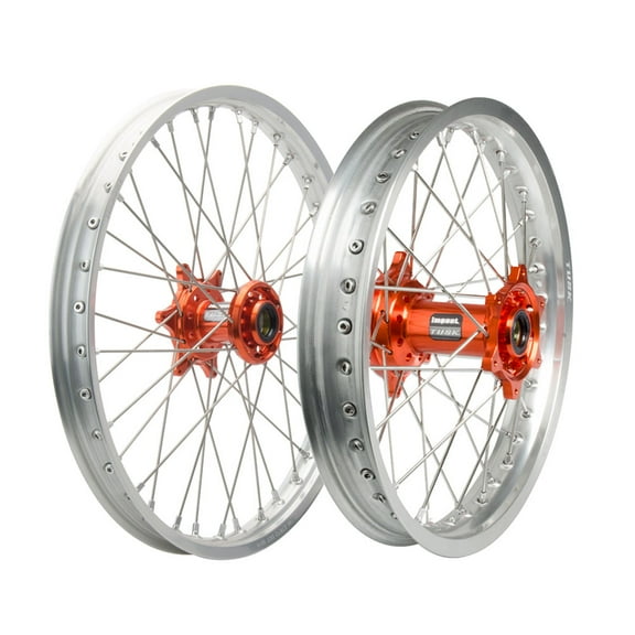 Tusk Impact Complete Front and Rear Wheel 1.60 x 21 / 2.15 x 18 Silver Rim/Silver Spoke/Orange Hub For Husqvarna FX 450 2017-2025