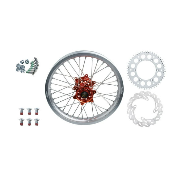 Tusk Impact Complete Rear Wheel Package 18 x 2.15 Silver Rim/Silver Spoke/Orange Hub For Husqvarna TE 125 2014-2016