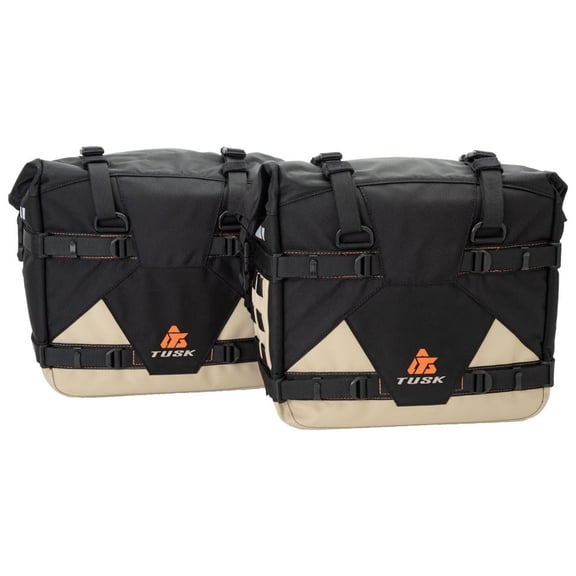 TUSK Pannier Racks Pilot Pannier Bags Black/Tan for Royal Enfield Himalayan 2016-2023