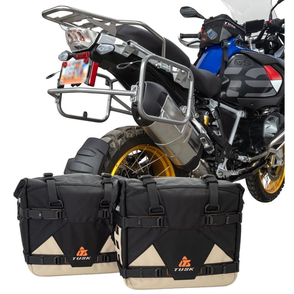 Tusk Pannier Racks with Tusk Pilot Pannier Bags Black/Tan w/ Silver Racks For BMW R1250GS Adventure 2020-2024