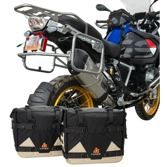 Tusk Pannier Racks with Tusk Pilot Pannier Bags and Bottle Holders Black/Tan w/ Silver Racks For BMW R1250GS 2019-2022