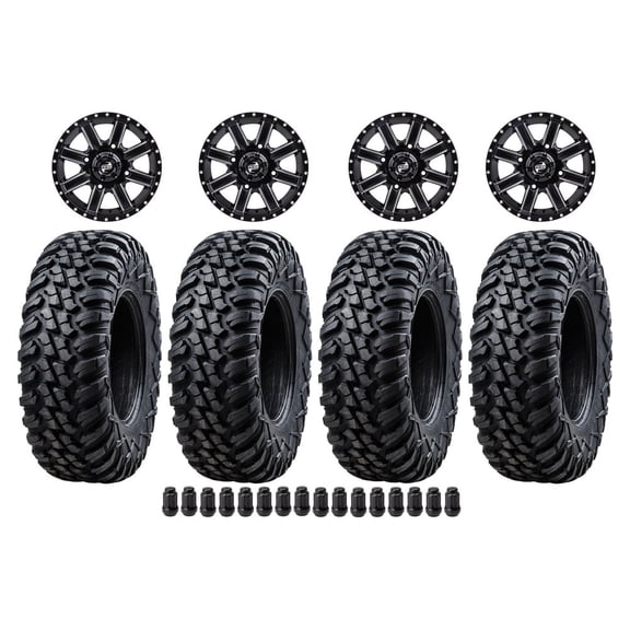 Tusk Set of 28x10-14 Tusk TERRABITE 8-Ply Radial UTV Tires mounted on CASCADE Wheels - Compatible with POLARIS ATV/UTV 4/156 bolt pattern -Black Lug Nuts (4+3 Wheel Offset, Matte Black)