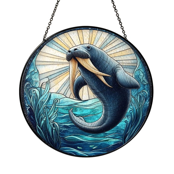 Tusked Walrus Ocean Suncatcher Vibrant Item Hanging Present Round Glass