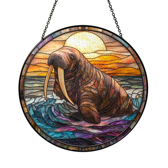 Tusked Walrus Suncatcher Marine Round Gift Ornament Panel Window Glass