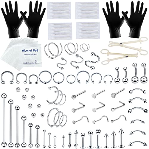 Tustrion 102PCS Mixedsize Piercing Kits for All Body Piercings 14G 16G