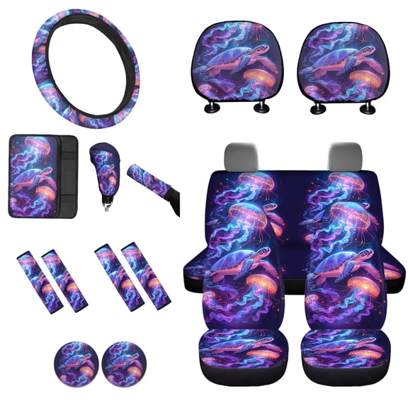Tutolipy 16 PCS Car Interior Cover Sets, Sea Turtle Jellyfish Print Car Front and Back Seat Cover with Steering Wheel Cover Armrest Pads Car Seatbelt Cover Gear Shift Cover Handbrake Cover