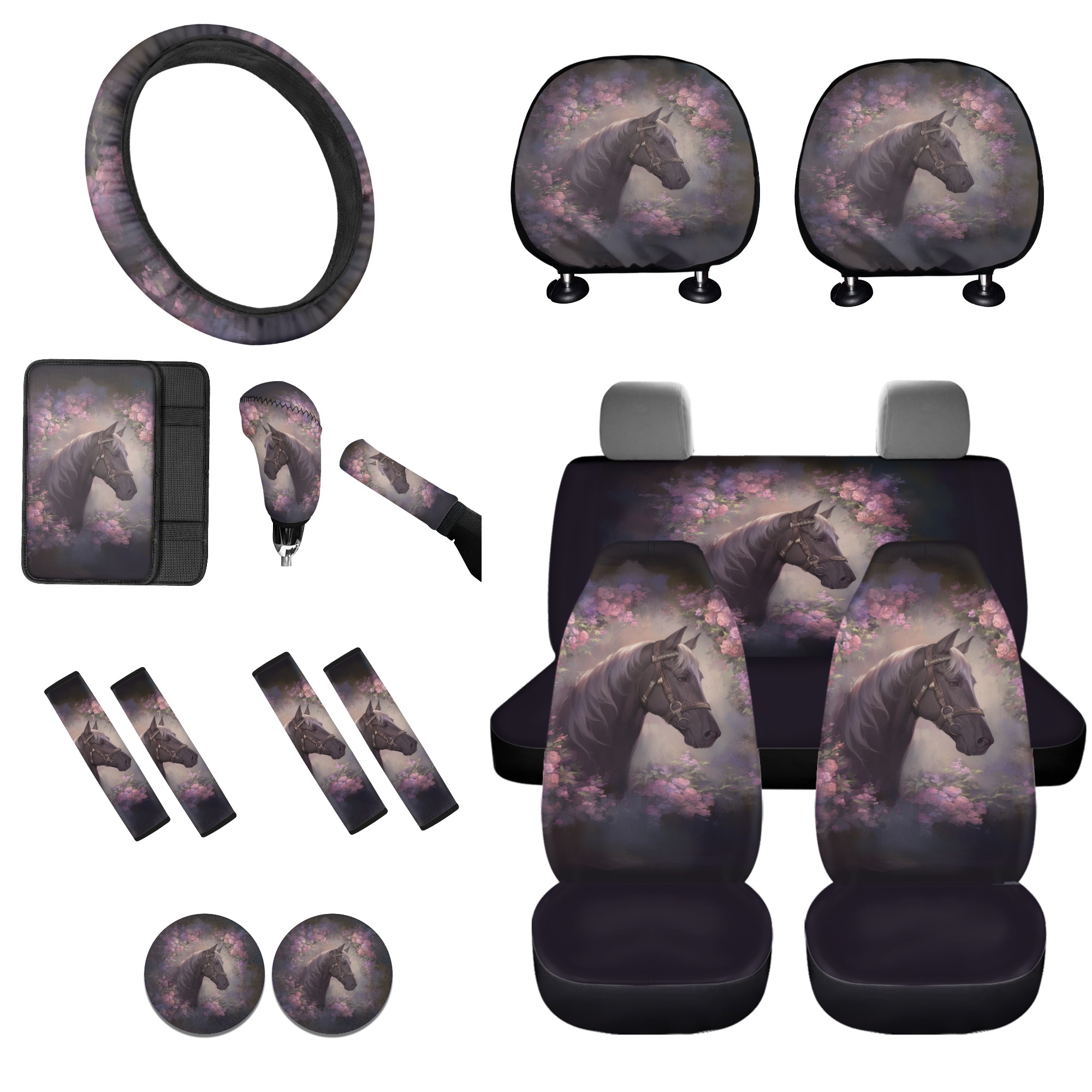 Tutolipy 16 Piece Car Interior Accessories Sets, Horse Flower Print Car Front and Back Seat Cover with Steering Wheel Cover Car Arm Rest Cover Seat Belt Pads Car Headrest Cover Coaster
