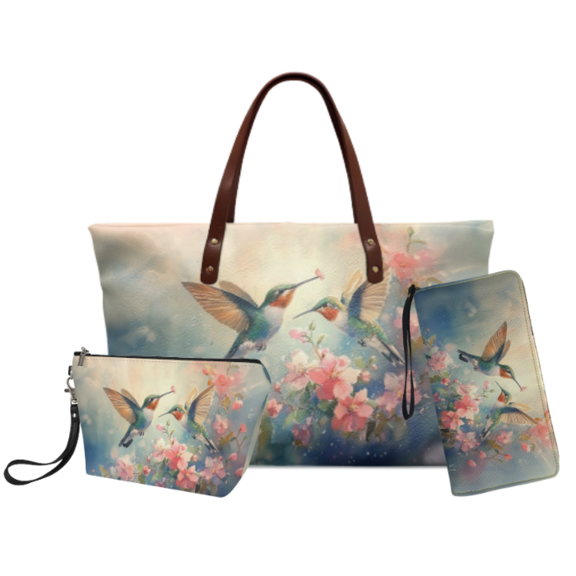 Tutolipy 3 Pack Handbag Set for Female Hummingbird Floral Art Long Zip Wallet Waterproof Handheld Shoulder Handbag for Outdoor Daily Commute