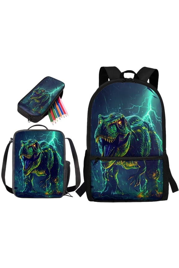 3 Pcs Backpack Set for Kids, 3D Dinosaur Lightning Print Boys School Bag and Lunch Box Set, Lightweight Bookbag Pencil Box for Elementary Middle School Students