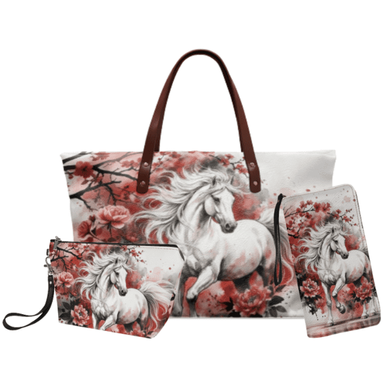 Tutolipy 3 Pieces Shoulder Bag Set for Ladies Horse Flower Print Purse Large Capacity Comfort Handle Cosmetic Pouch for Daily Commute Travel
