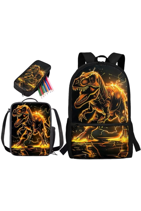 3D Dinosaur Printed Kids Backpack Set, 17 Inch Large Capacity School Backpack Set with Lunch Bag and Pencil Pouch, Preschool Elementary School Students Bookbag Casual Travel Bag, Set of 3