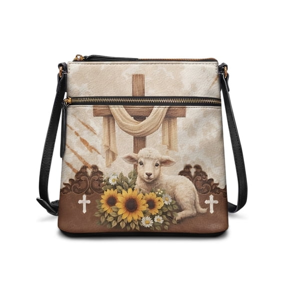 Tutolipy Adjustable Strap PU Leather Shoulder Crossbody Bag for Daily Daily Wear, Stylish Multiple Zipper Pockets Single Shoulder Crossbody Bag, Lamb Sunflower Print