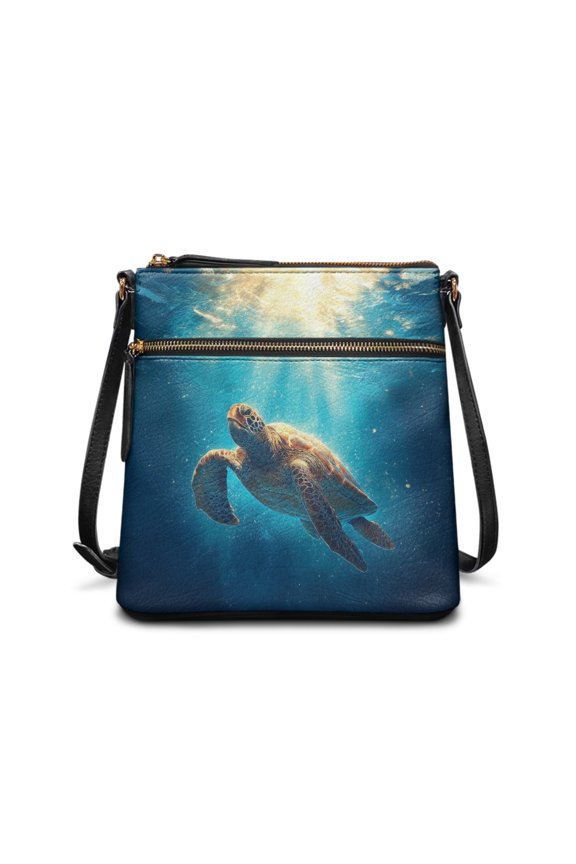 Adjustable Strap Women's Single Shoulder Bag for Daily Storage Travel, PU Leather Smooth Zipper Crossbody Purse, Sea Turtle Pattern