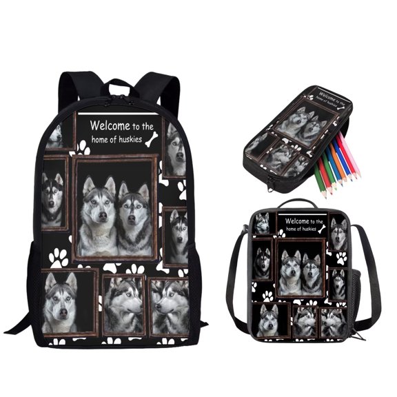 Tutolipy Alaskan Malamute Kid's Backpack Set with Lunch Bag Pencil Box for Teens, Lightweight Paw Printed School Backpack Set Lunch Box Pencil Case 3 Pcs Knapsack Rucksack for Boys, Black