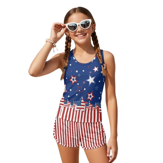 Tutolipy American Flag Star Design Girls 2-Piece Tankini Swimsuit Set, Round Neck Shorts Girls Swimsuit 2 Piece Set for Summer Vacation Beach Size 8-9 Year Old