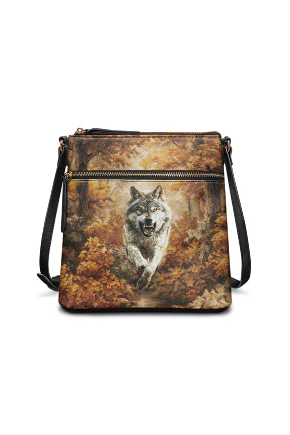 Autumn Gray Wolf Pattern PU Leather Shoulder Crossbody Bag Shoulder Bag, Waterproof Stylish Women's Crossbody Bag Durable for Trip
