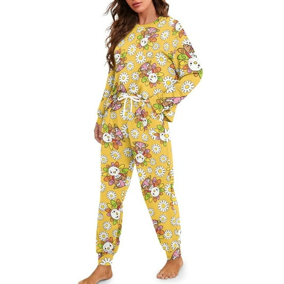 Tutolipy Axolotl Daisy Printed Pajamas for Women Crewneck Sleepwear Cozy Loungewear Long Sleeve Shirt and Pajama Pants Pjs Sets, L