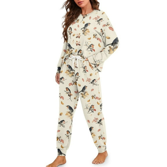 Tutolipy Birds Printed Sleepwear for Women Drawstring Pajamas Cozy Loungewear Long Sleeve Shirt and Pajama Pants Pjs Sets, M