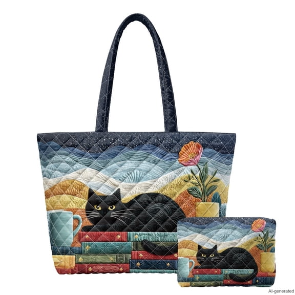 Tutolipy Black Cat Books Pattern Quilted Tote Bag Cozy Library Shoulder for Woman Friends