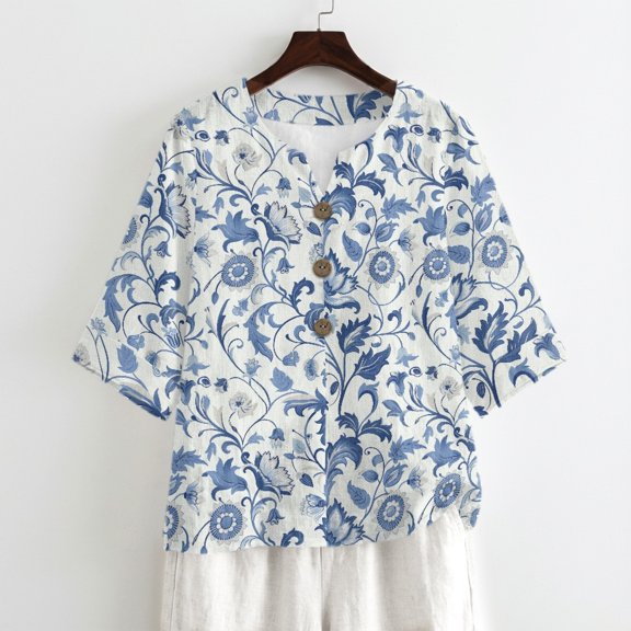 Tutolipy Blue Floral Vine Women's Shirt, Linen-Like Linen-Look Imitation Linen Blouse Linen-Style Women’s Tops for Vacation Spring, Size Large