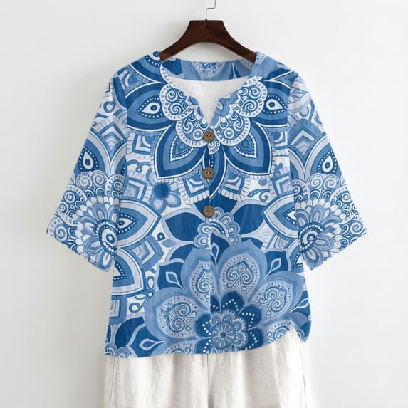 Tutolipy Blue Mandala Print Linen-Style Imitation Linen Blouse, Casual Linen-Like Women Short Sleeve shirts for Spring Outdoor Vacation, Size 5X-Large
