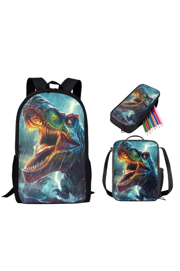 Boys Dinosaur Printed School Backpack Set with Lunch Box, Large Sturdy Backpack and Lunch Bag Set with Pencil Case, 17 Inch School Backpack Set for Primary School, Blue