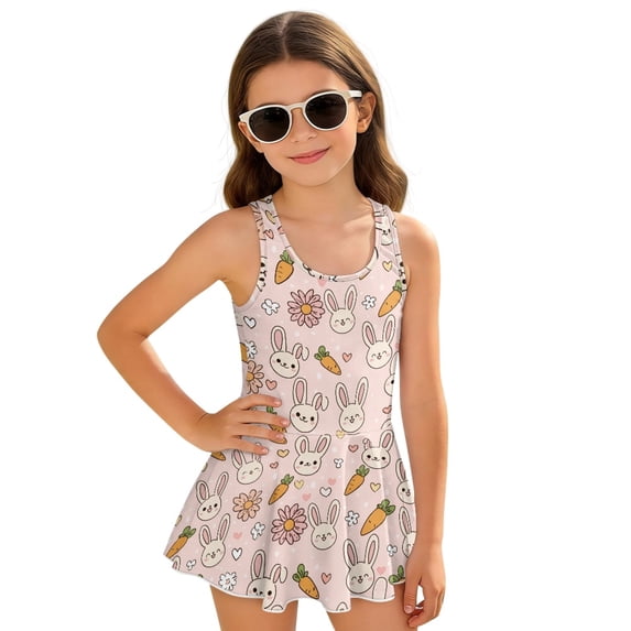 Tutolipy Bunny Carrot Easter Pattern Sleeveless Bathing Suit, Sleeveless Bodysuit Design Girls Beach Swimsuit for Holiday Party Pool Size 5-6 Years