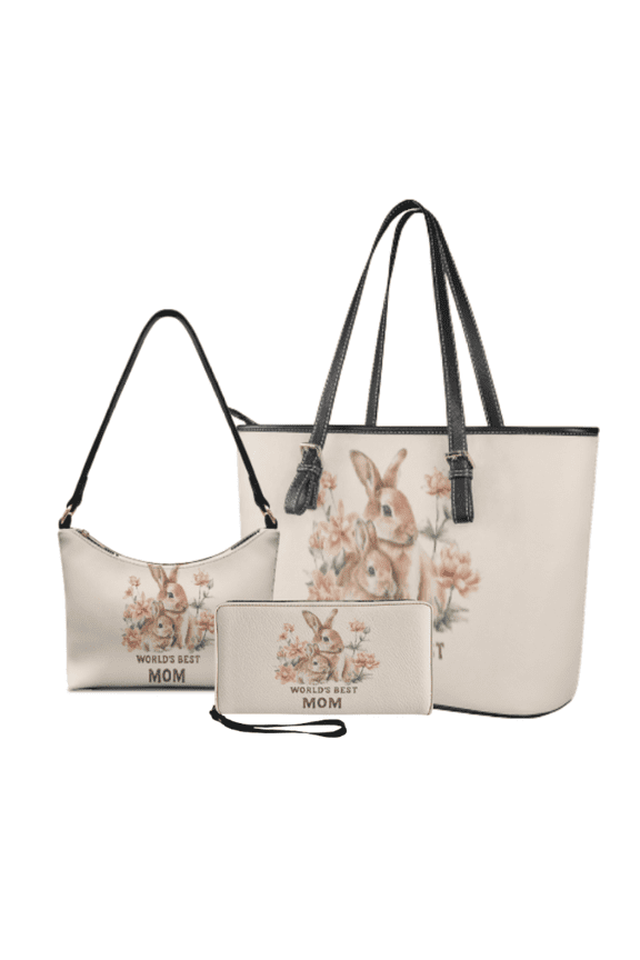 Bunny Mom Theme 3 Pieces Tote Bag Set for Ladies, Lightweight Tote Purse with Portable Wristlet Purse, with Personalized Underarm Shoulder Bag