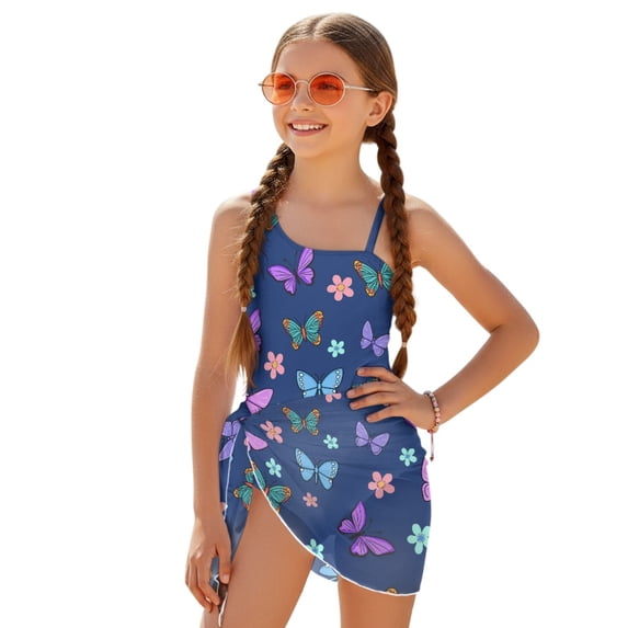 Tutolipy Butterflies and Florals Quick Dry Girls Swimsuit, Polyester Material Lightweight Girls One Piece Swimsuit with Cover Up for Summer 13-14 Years Old