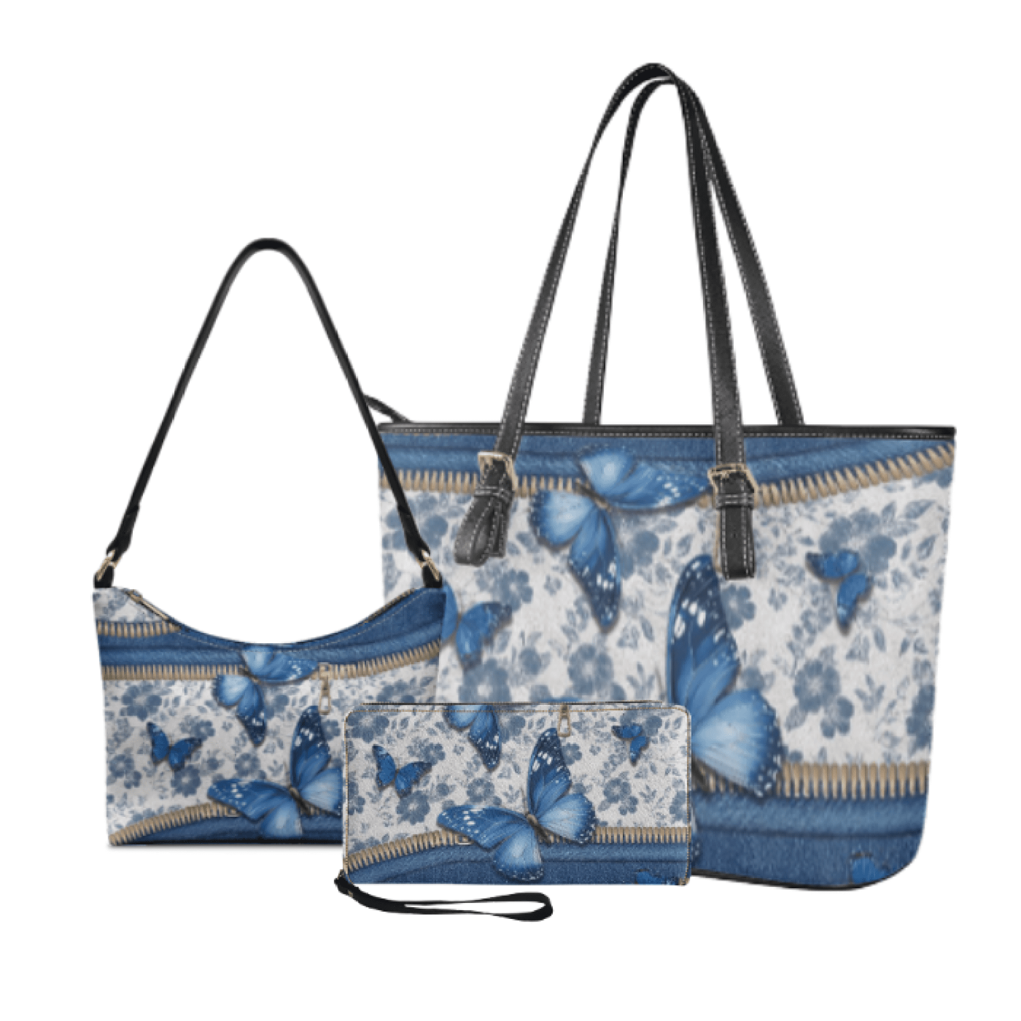 Tutolipy Butterfly Denim Pattern 3 Piece Shoulder Purse for Women, Lightweight Long Purse, Personalized Everyday Fashion Underarm Shoulder Bag for Shopping