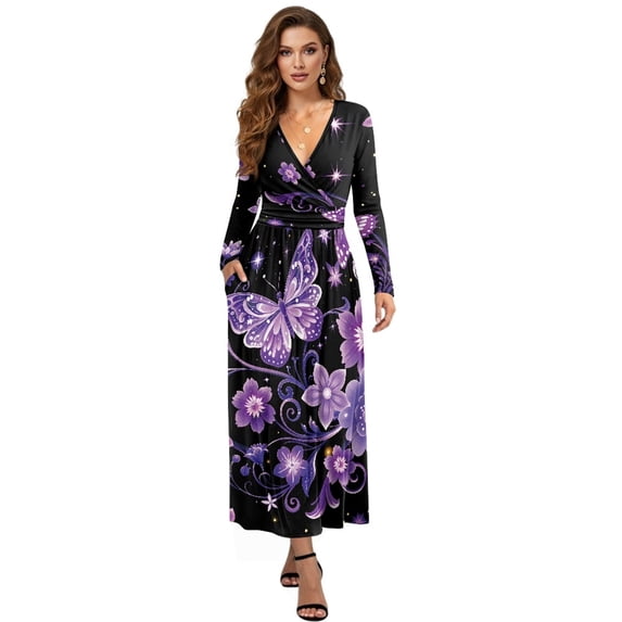 Tutolipy Butterfly Floral Printed Dresses for Women V Neck A Line Dress Long Sleeve Midi Dresses Empire Waist Dress with Pockets, 2XL
