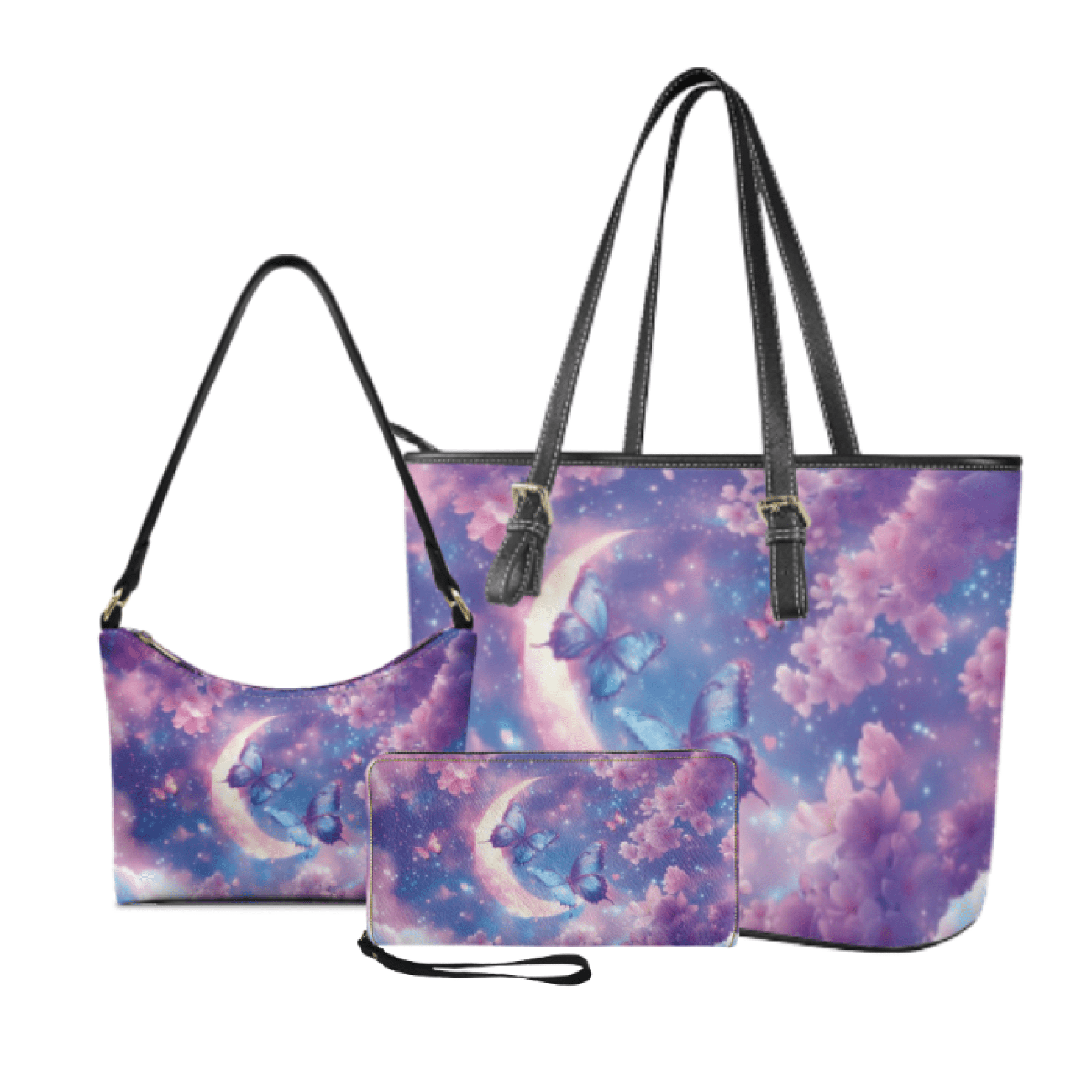 Tutolipy Butterfly Moon Pack of 3 Tote Bag for Ladies, Large Capacity Wristlet Purse, Lightweight Personalized Wristlet Clutch Purse for Outdoor Activities