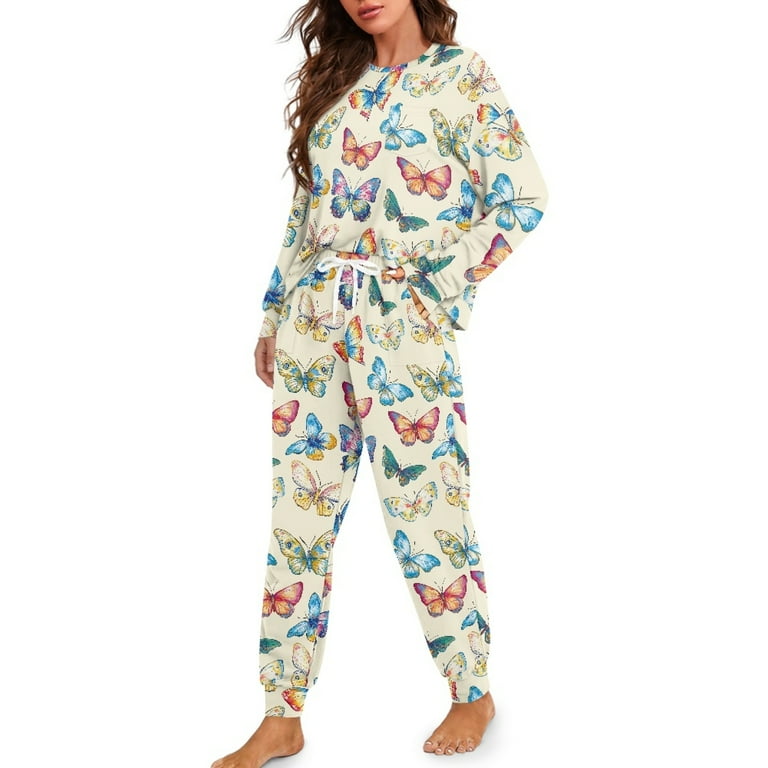 Tutolipy Butterfly Printed Pajamas for Women Set Cozy Sleepwear