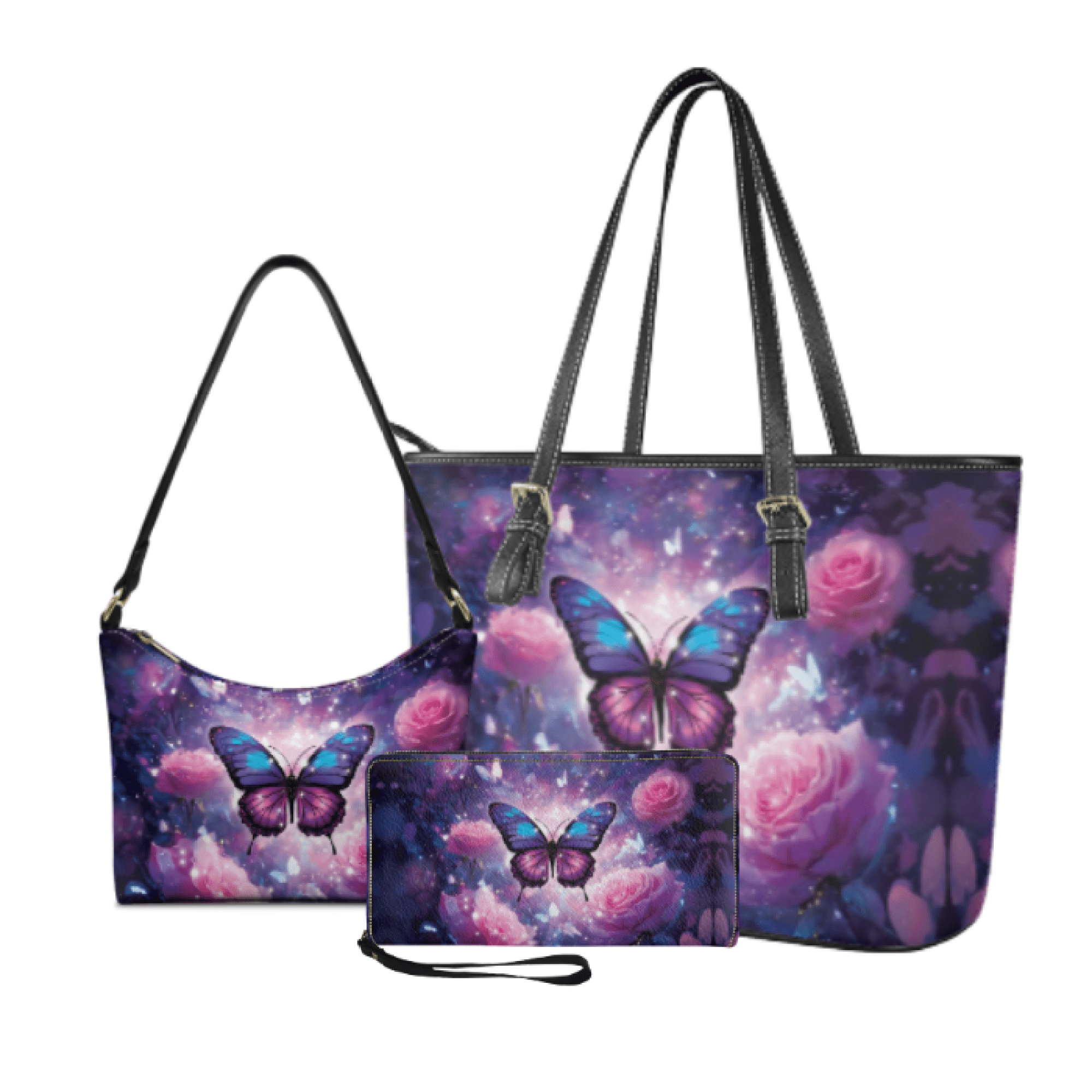 Tutolipy Butterfly Rose Pattern 3 Pcs Tote Handbag Set, with Sling Bag Satchel Purse Wristlet Purse, Compatible with Work Shopping