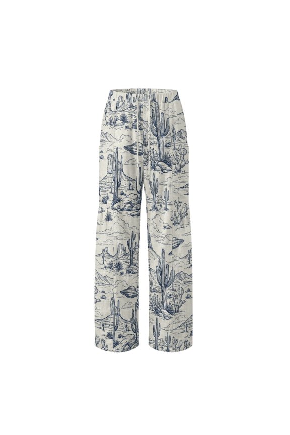 Cactus UFO Print Baggy Pants Drawstring Women's Wide Leg Pants, Non Stretch 2 Pockets Straight Pants for Daily Beach Trip Walking, Size X-Large