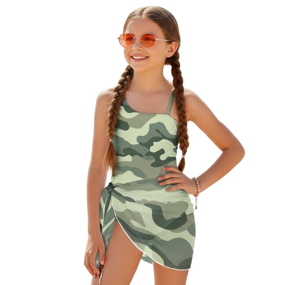 Tutolipy Camouflage Design Girls One Piece Swimsuit with Mesh Cover Up for Swimwear Beach, Adjustable Spaghetti Straps Mesh Cover Ups Girls One Piece Swimsuits 7-8 Years Old