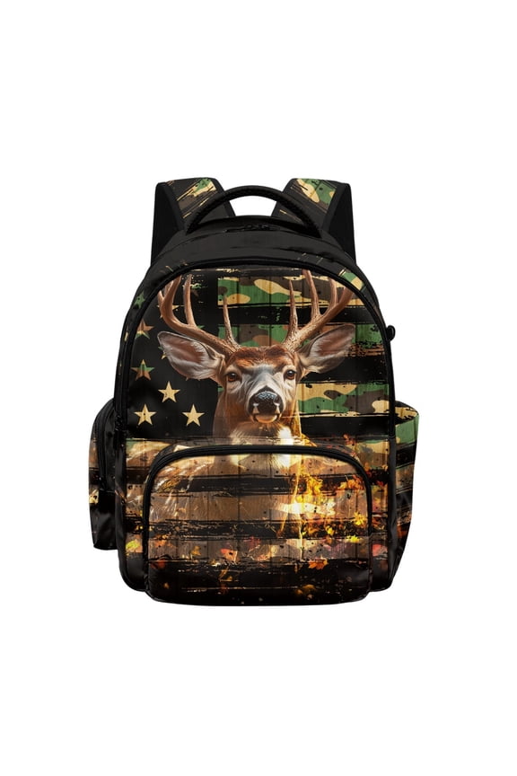 Camouflage Flag Buck Deer Pattern Elementary School Backpack for Girls Boys, High School Kindergarten Lightweight Book Bag for Travel Weekend Camping
