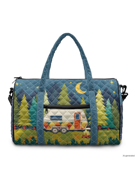 Camping Camper Print Padded Weekender Bag for Women Large Capacity Carry On Travel Tote Overnight Duffel with Adjustable Strap Zipper Pocket for Road Trips