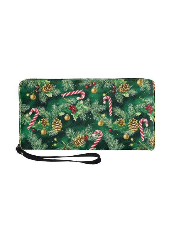 Candy Cane Pine Cone Pattern Coin Bag, Wristlet Strap PU Leather Long Purse for Travel Beach, Zip Around Long Wallet