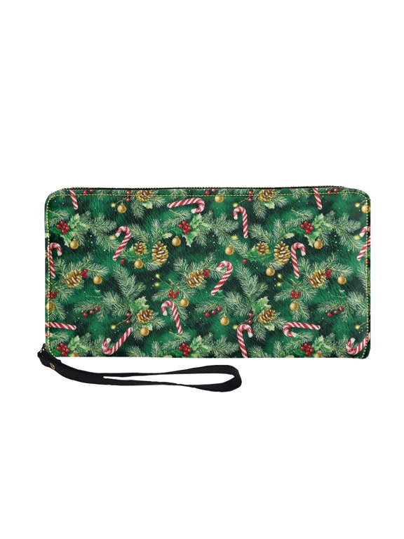 Candy Cane Pine Cone Pattern Ladies Wallet with Metal Zipper Large Capacity Long Purse for Travel, PU Leather Long Wallet for Shopping