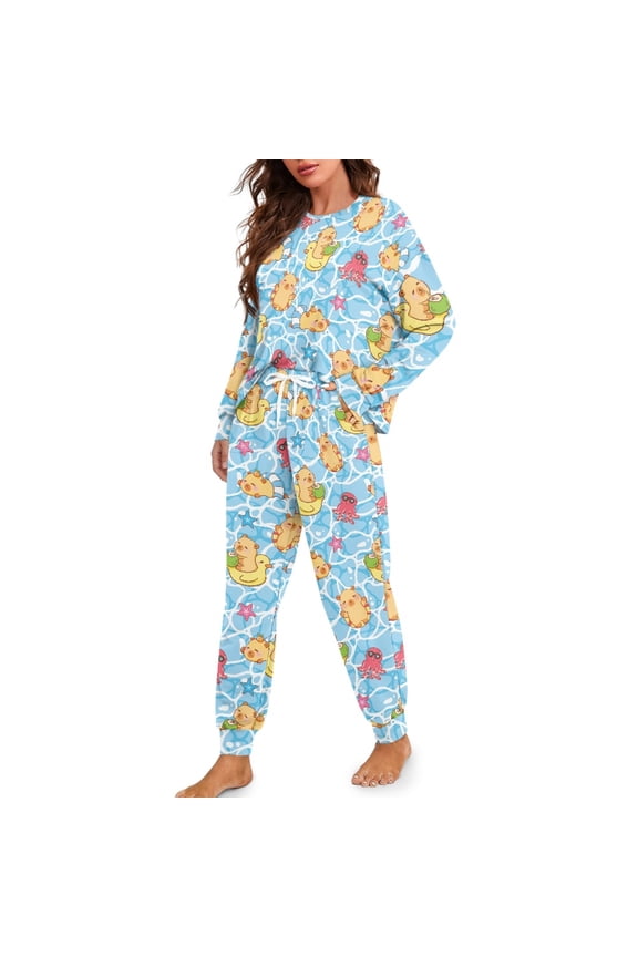 Capybara Octopus Printed Drawstring Pajamas for Women Soft Sleepwear Casual 2 Piece Pjs Set Long Sleeve Tops Jogger Pants Pajama Sets, XL